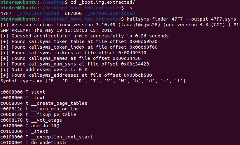 kallsyms-finder identifies an ARM little-endian Linux 3.10.49 kernel, locates the kallsyms tables, and lists recovered symbol addresses.