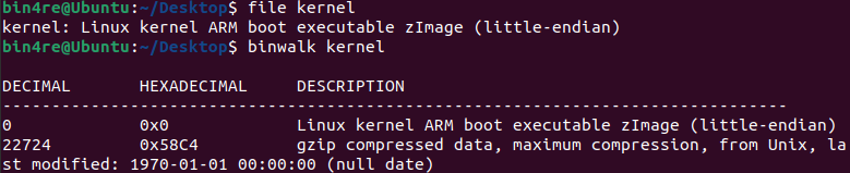 file and binwalk identify a kernel file as an ARM little-endian zImage, with compressed data at offset 0x58C4.